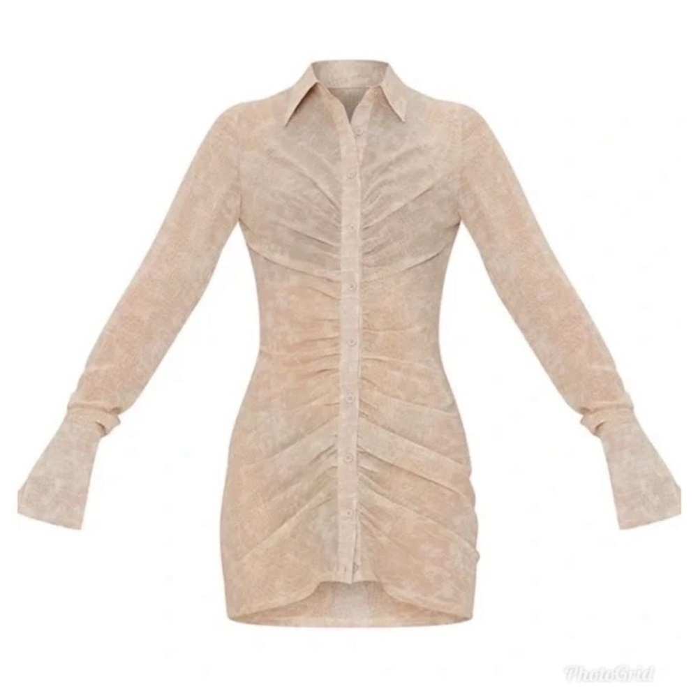 NWT PrettyLittleThing Cream Croc Print Ruched Bodycon Dress- 14 - Picture 4 of 5